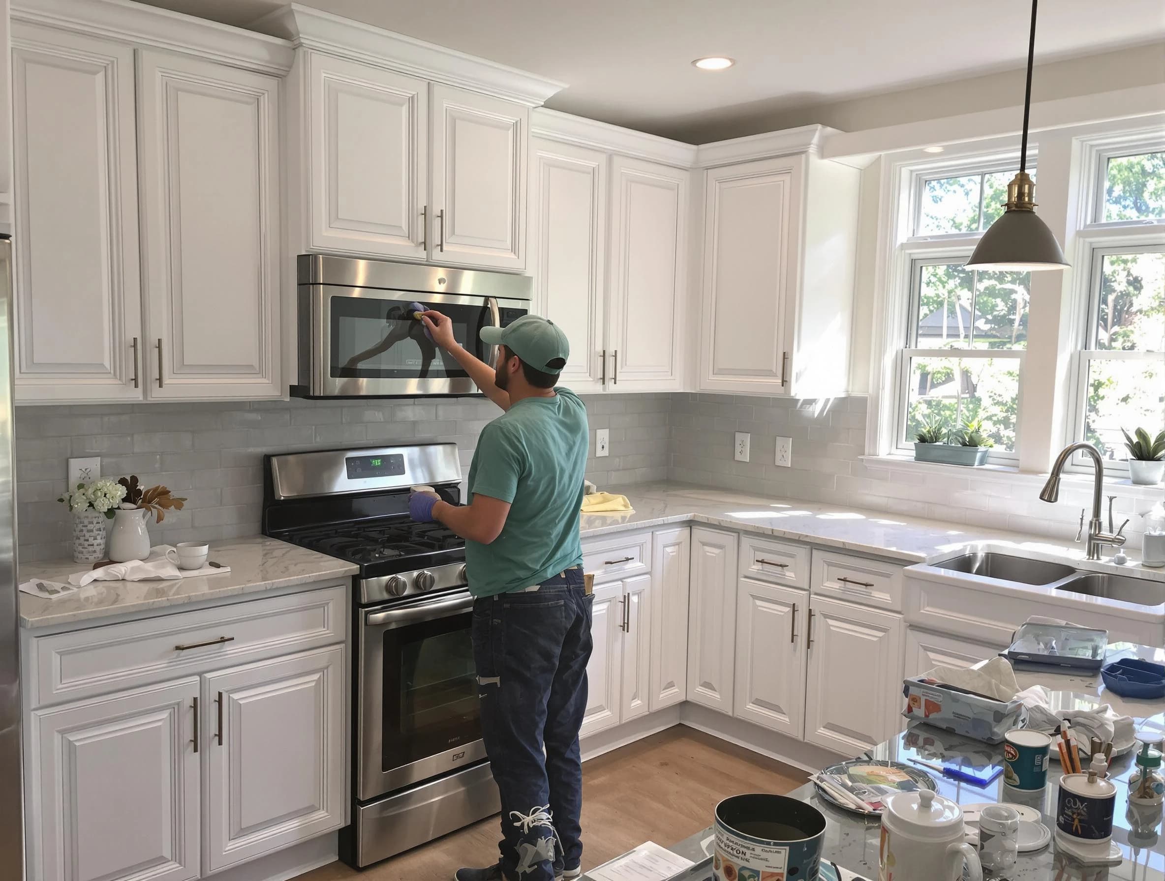 Kitchen cabinets being refinished by Parma Heights House Painters in Parma Heights, OH