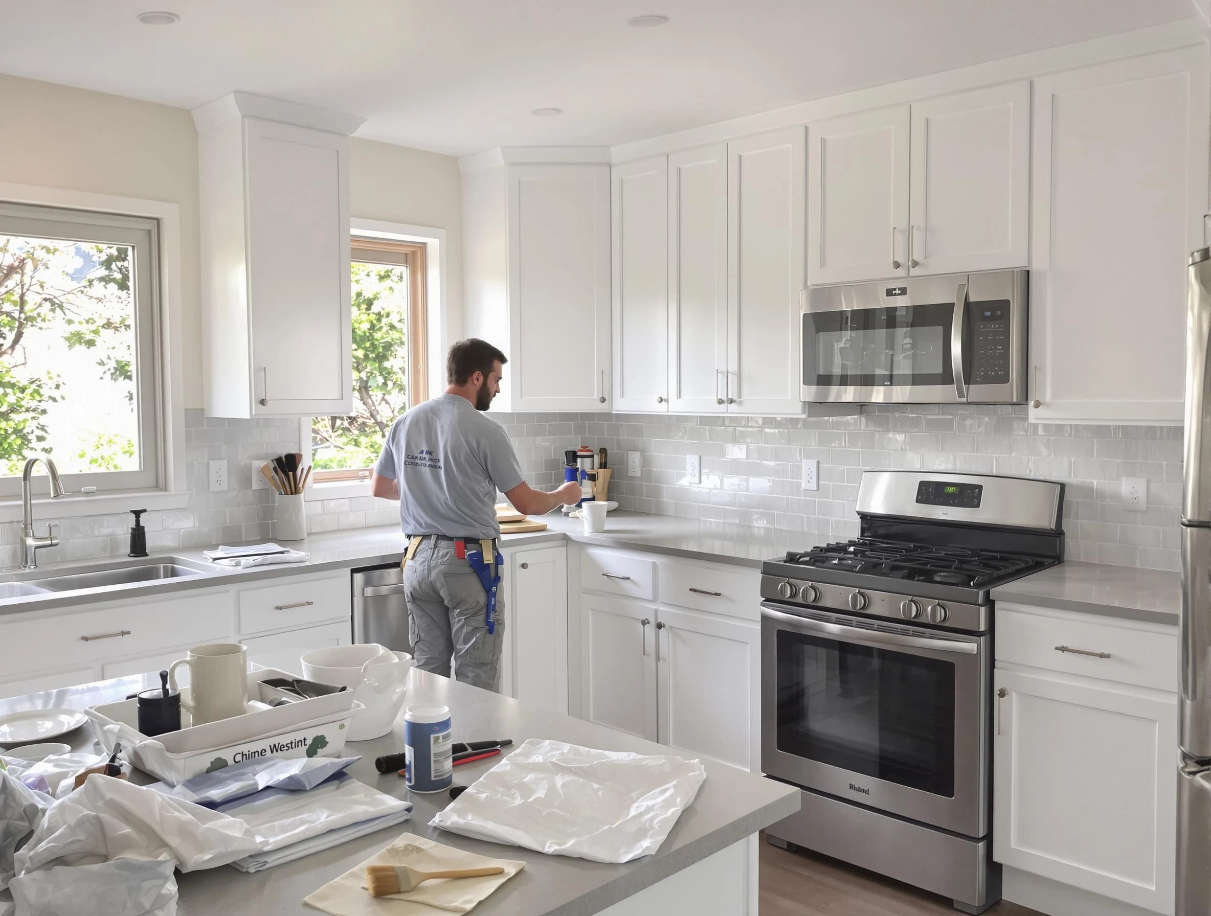 Parma Heights House Painters applying fresh paint on kitchen cabinets in Parma Heights