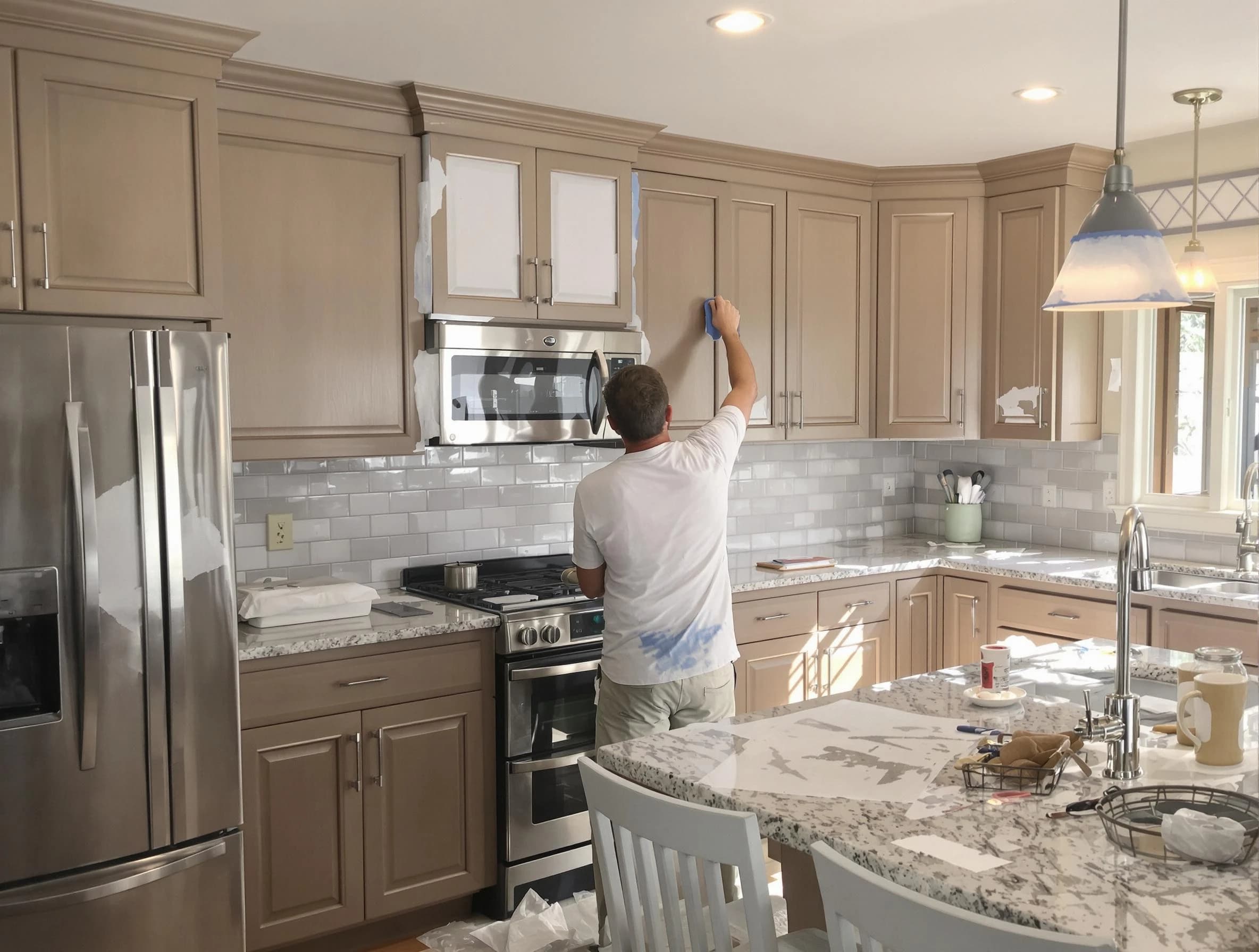 Before-and-after view of kitchen painting by Parma Heights House Painters in Parma Heights