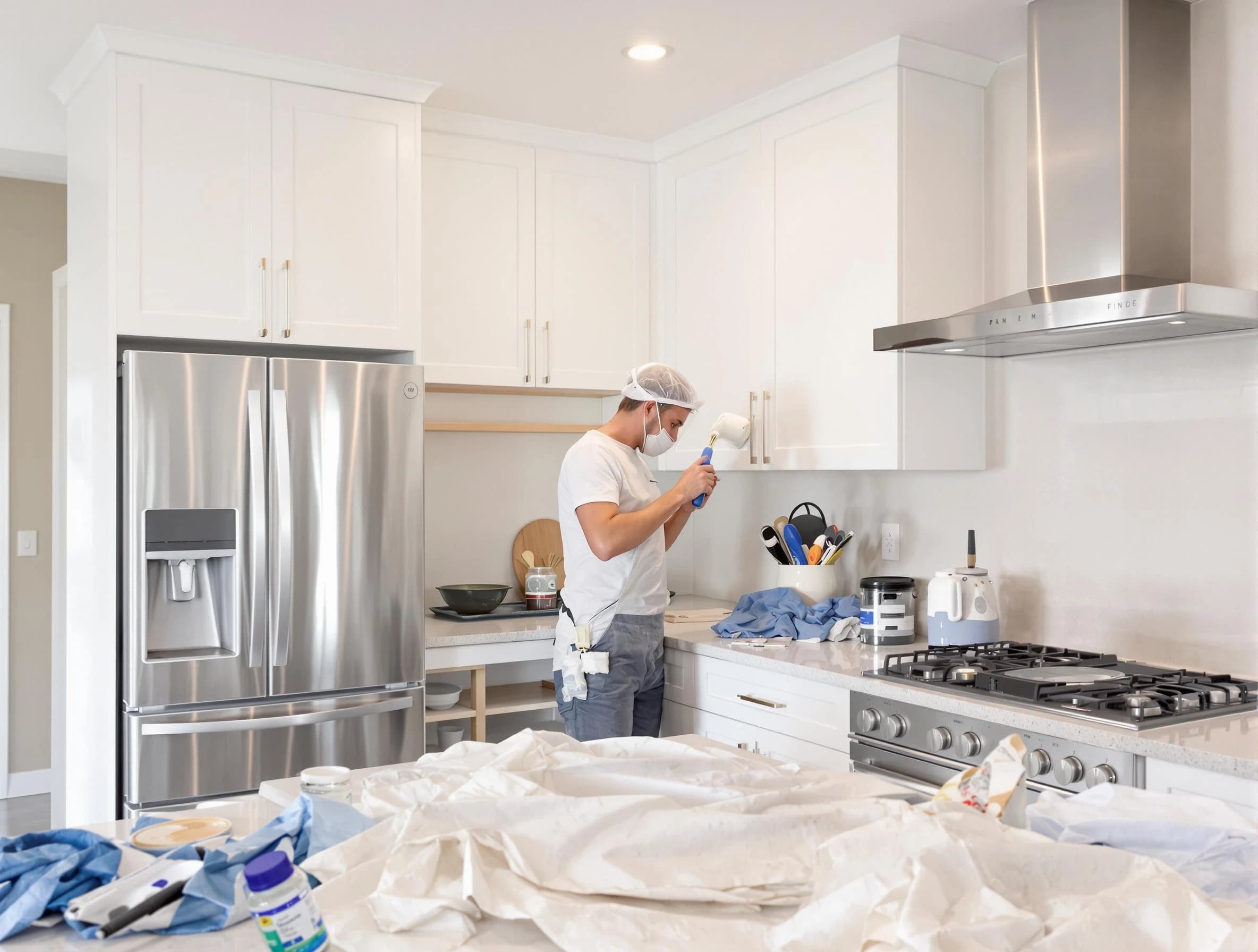 Parma Heights House Painters painter applying a fresh coat in a kitchen located in Parma Heights, OH